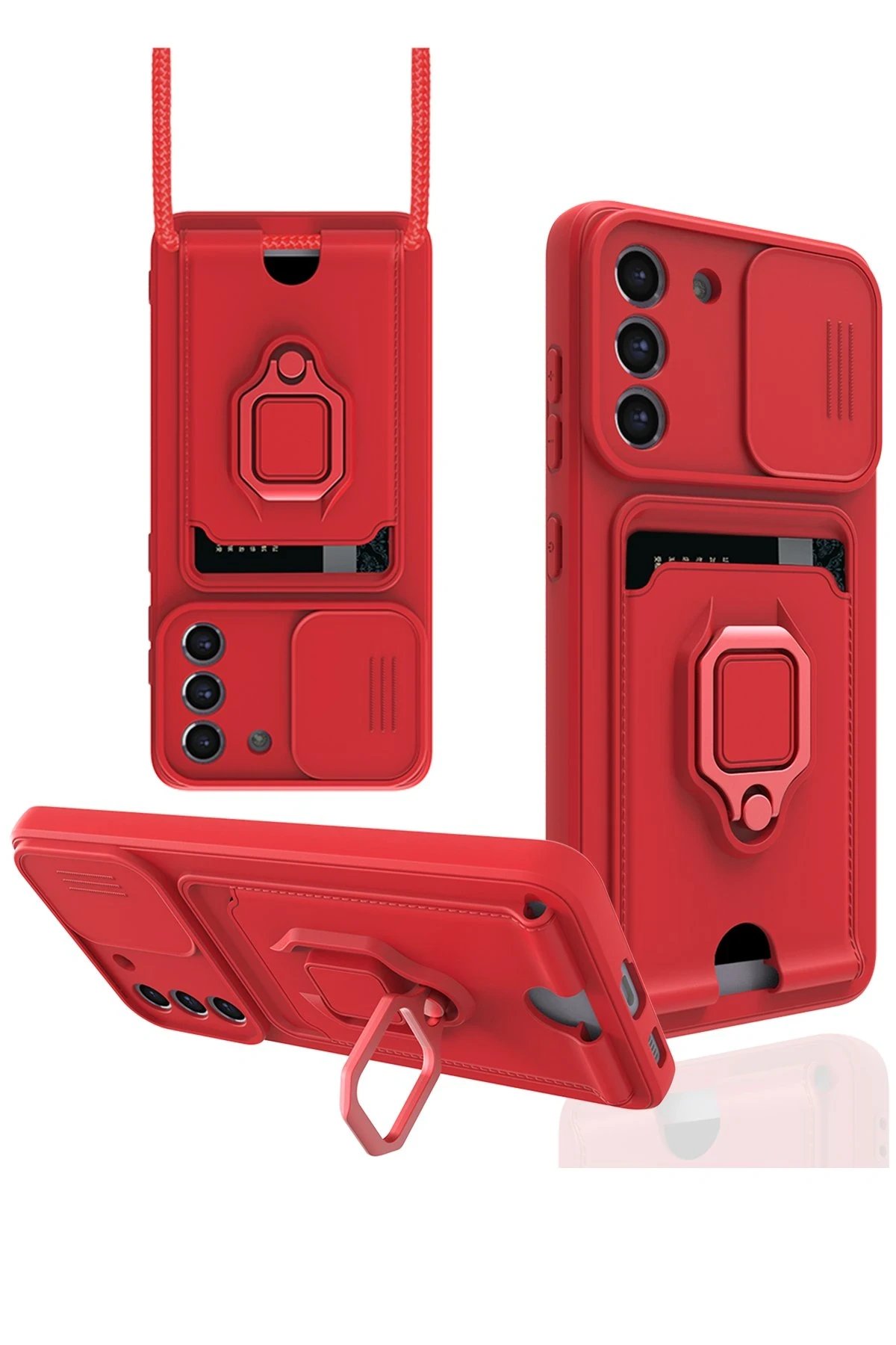 Newface Samsung Galaxy S21 FE Kılıf Zuma Kartvizitli Yüzüklü Silikon - Kırmızı