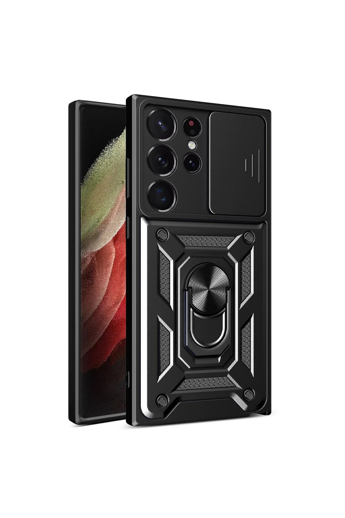 Newface Samsung Galaxy S23 Ultra Kılıf Pars Lens Yüzüklü Silikon - Siyah