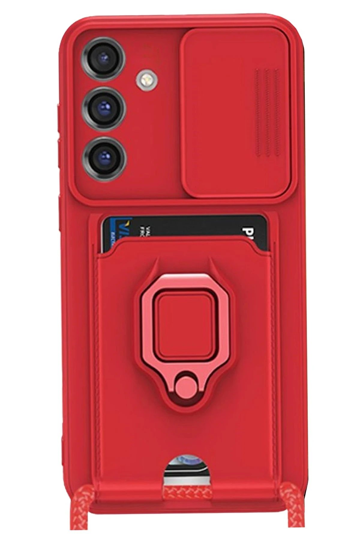 Newface Samsung Galaxy A55 5G Kılıf Zuma Kartvizitli Yüzüklü Silikon - Kırmızı