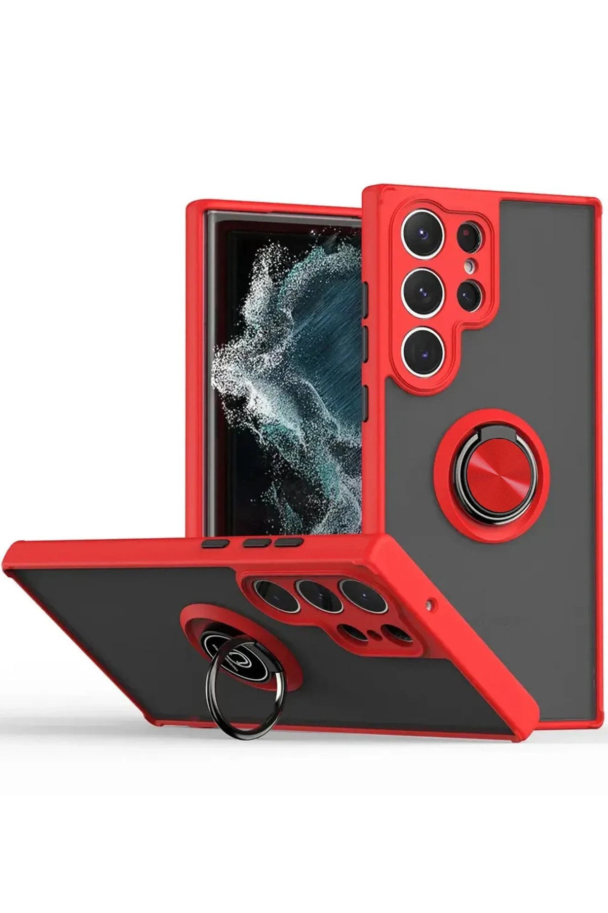 Newface Samsung Galaxy S25 Ultra Kılıf Montreal Yüzüklü Silikon Kapak - Kırmızı