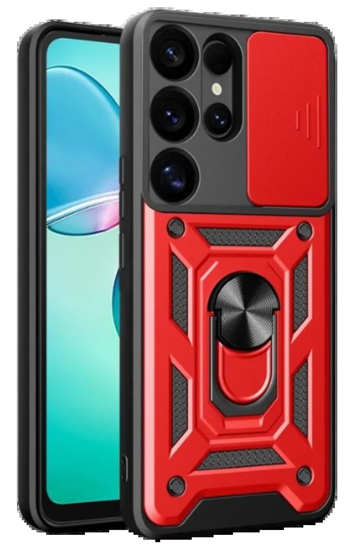 Newface Samsung Galaxy S25 Ultra Kılıf Pars Lens Yüzüklü Silikon - Kırmızı