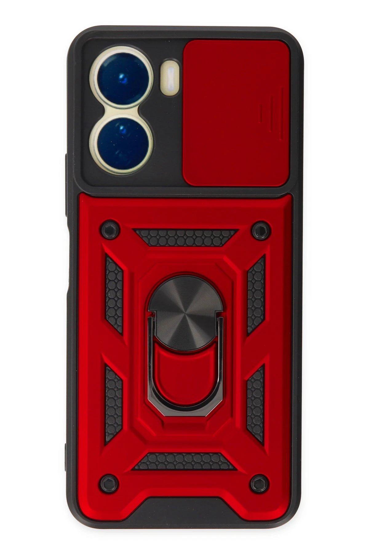 Newface Vivo Y16 Kılıf Pars Lens Yüzüklü Silikon - Kırmızı