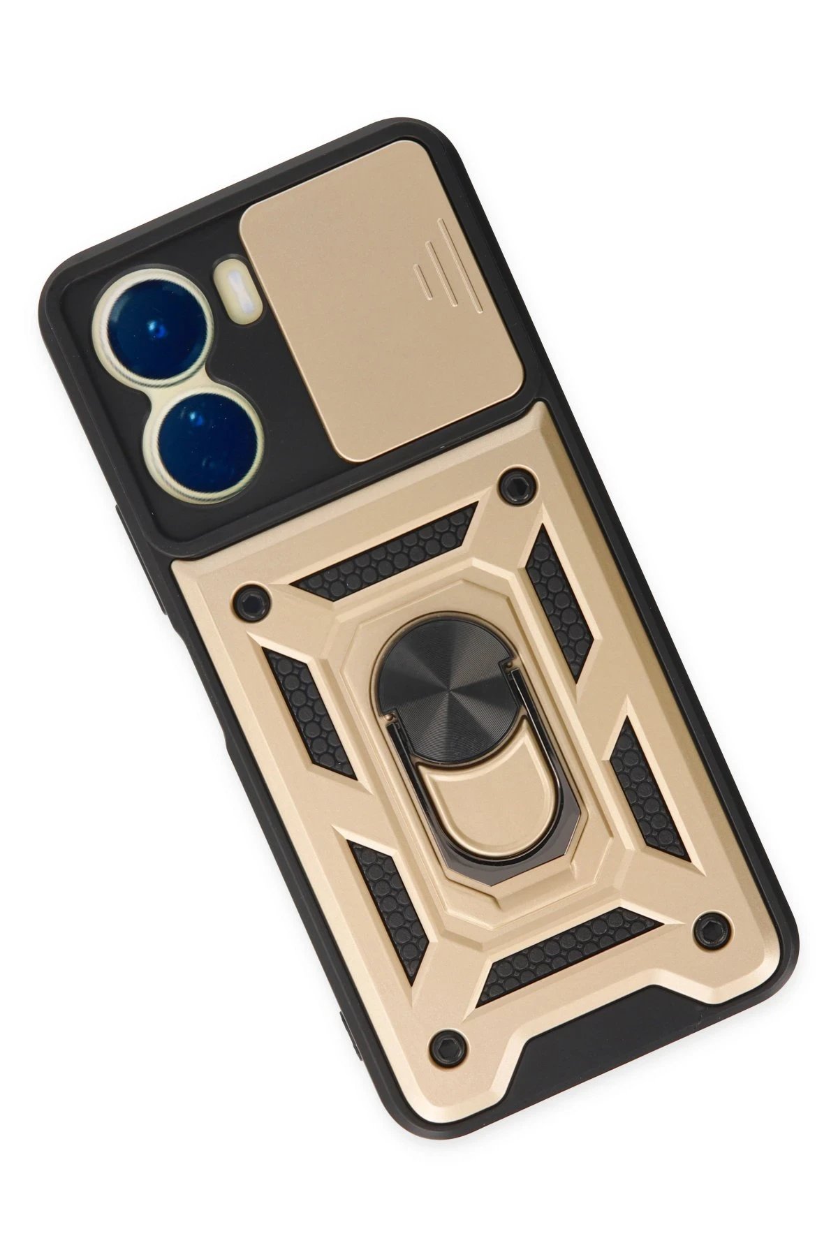 Newface Vivo Y16 Kılıf Pars Lens Yüzüklü Silikon - Gold