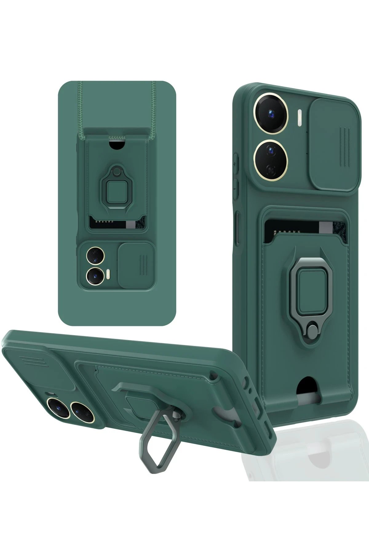 Newface Vivo Y16 Kılıf Zuma Kartvizitli Yüzüklü Silikon - Yeşil