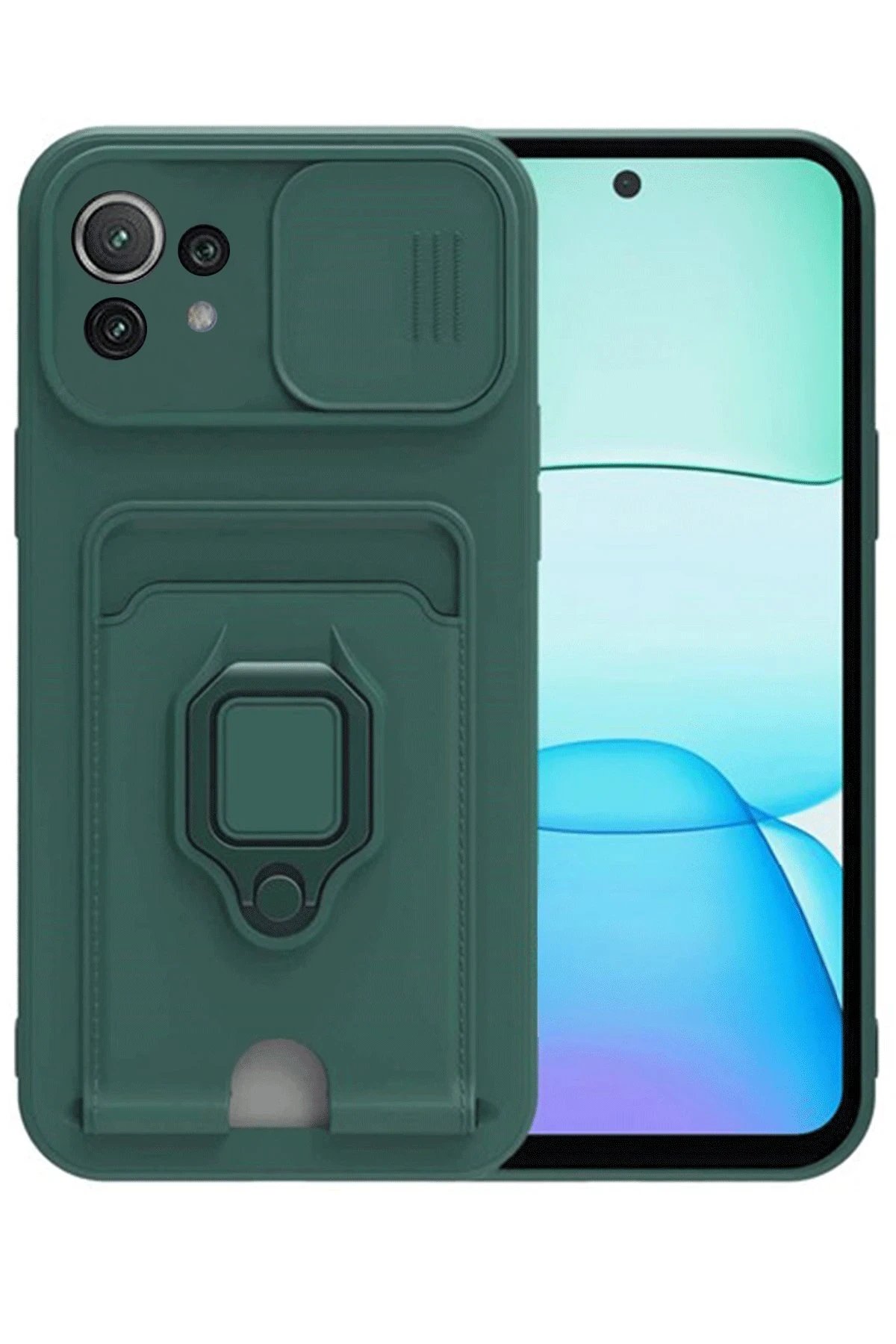 Newface Xiaomi Mİ 11 Lite Kılıf Zuma Kartvizitli Yüzüklü Silikon - Yeşil