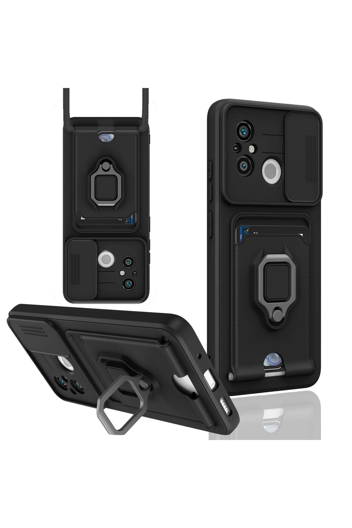 Newface Xiaomi Redmi 12C Kılıf Zuma Kartvizitli Yüzüklü Silikon - Siyah