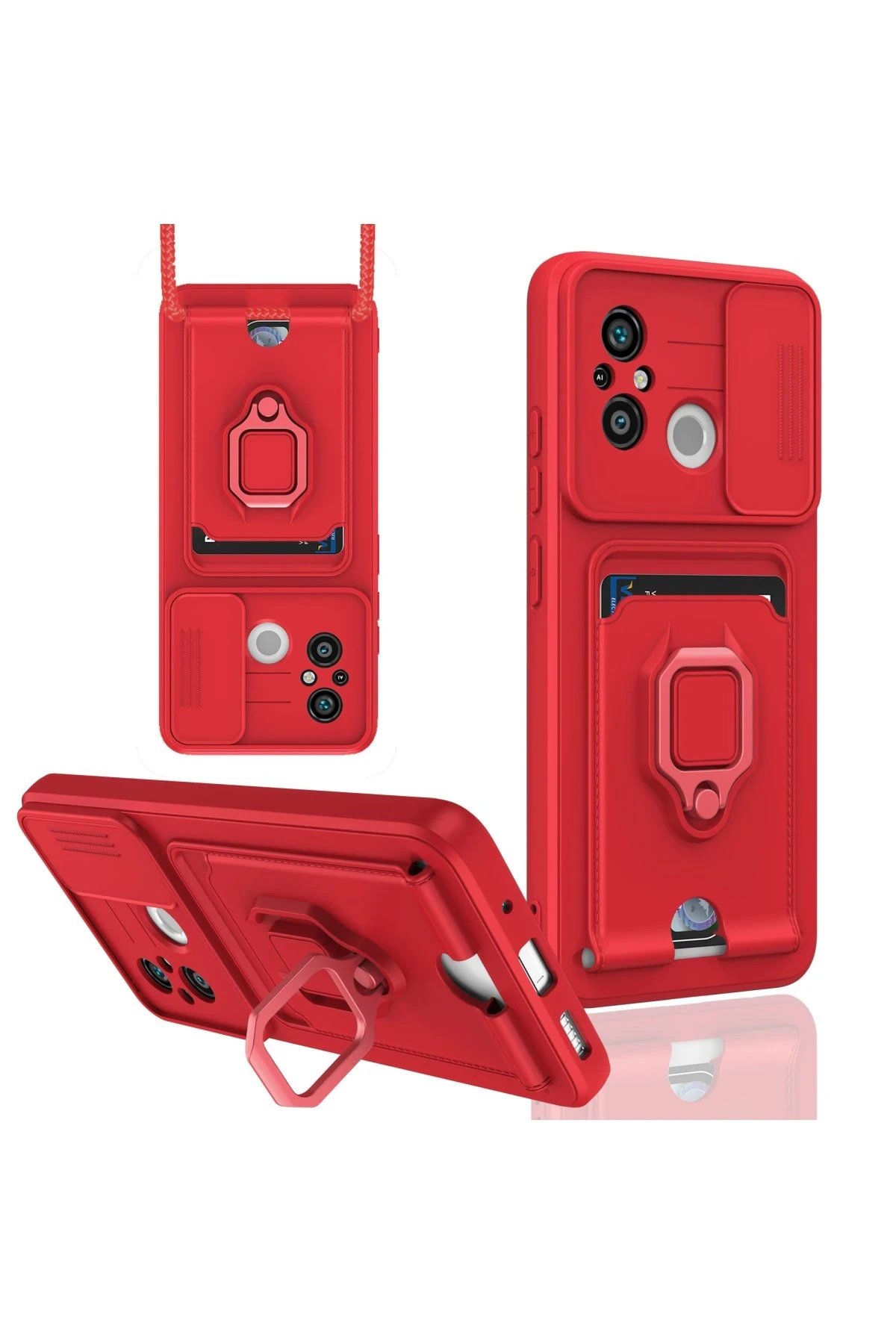 Newface Xiaomi Redmi 12C Kılıf Zuma Kartvizitli Yüzüklü Silikon - Kırmızı