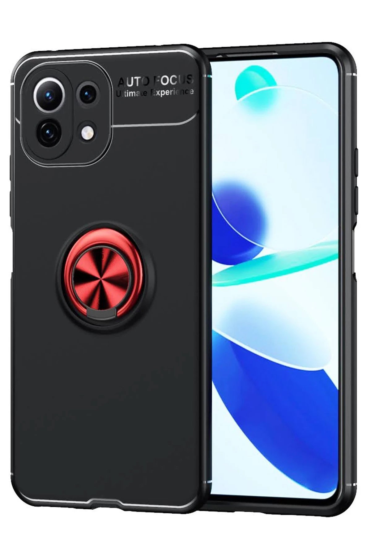 Newface Xiaomi Mİ 11 Lite Kılıf Range Yüzüklü Silikon - Siyah-Kırmızı