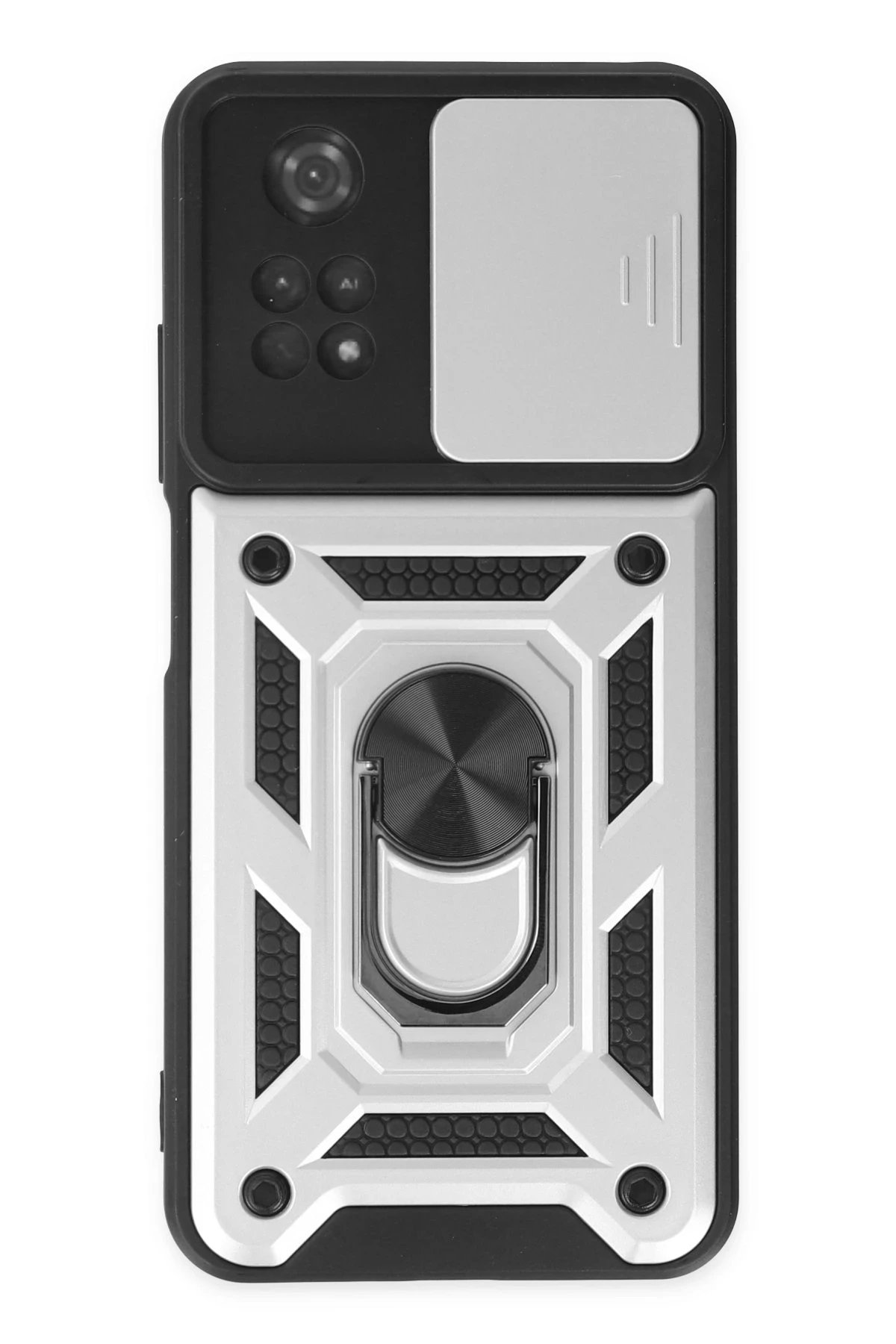 Newface Xiaomi Poco M4 Pro 4G Kılıf Pars Lens Yüzüklü Silikon - Gümüş