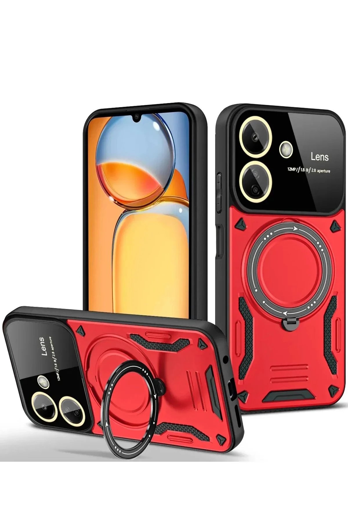 Newface Xiaomi Redmi 13C Kılıf Joy Lens Standlı Kapak - Kırmızı