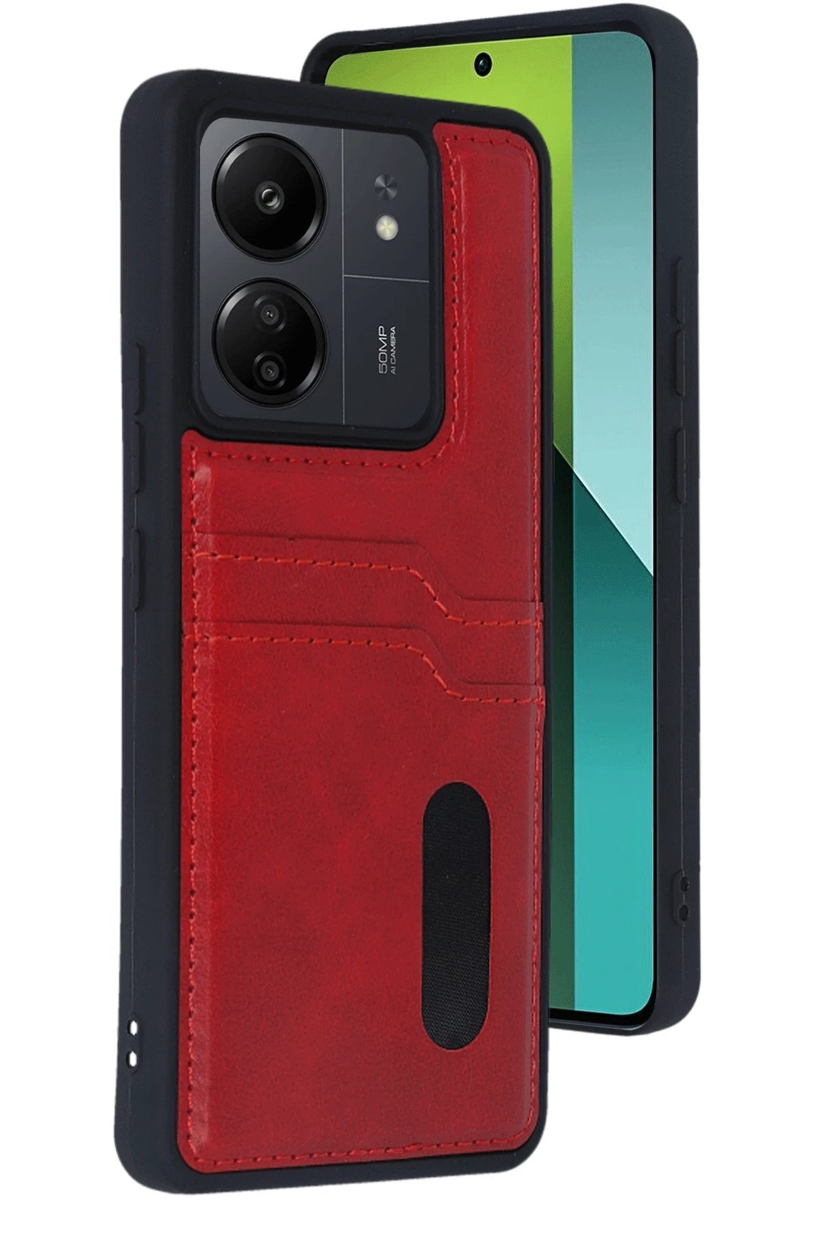 Newface Xiaomi Redmi 13C Kılıf Sara Kartvizitli Deri Kılıf - Kırmızı