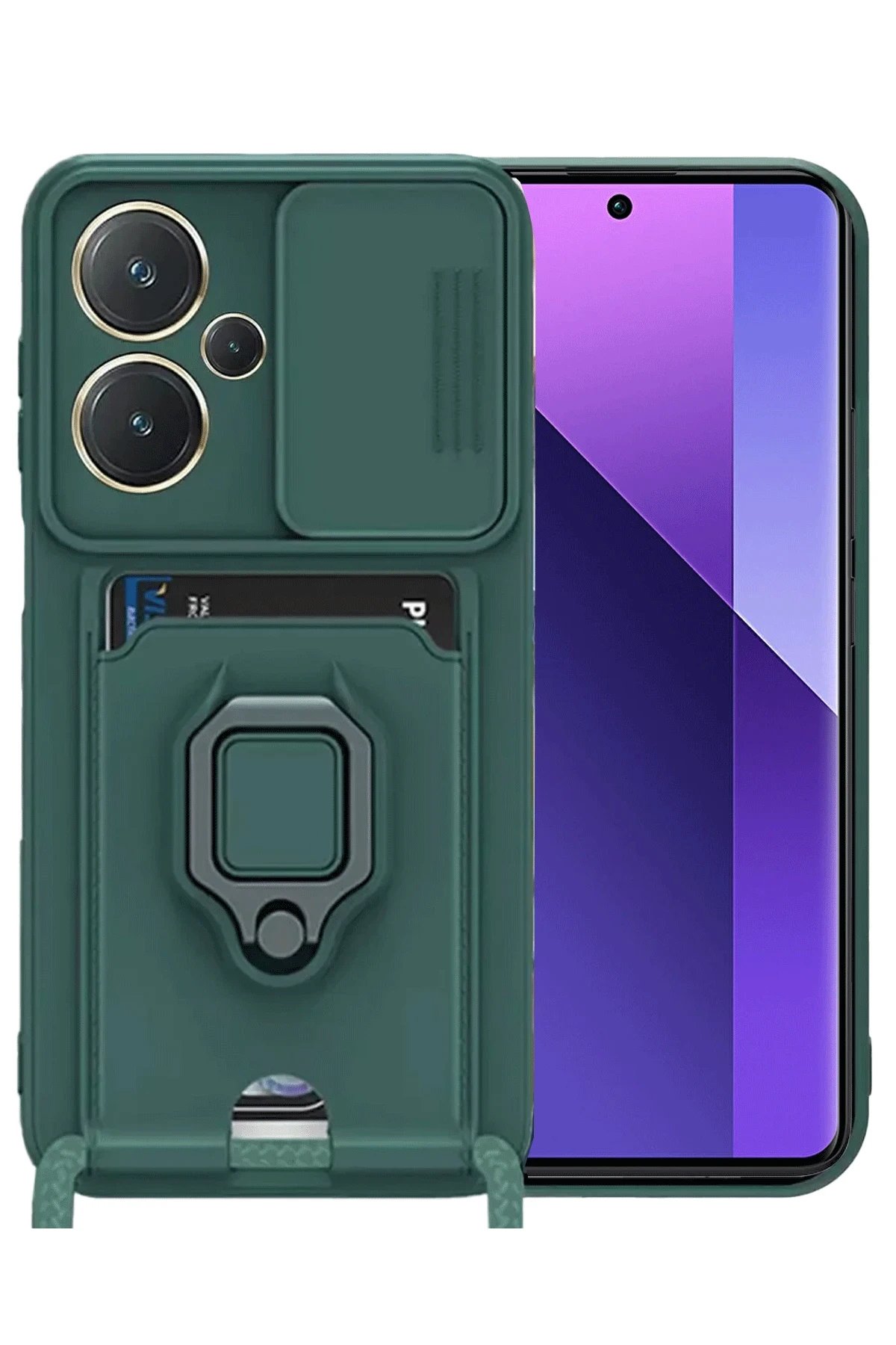 Newface Xiaomi Redmi Note 13 Pro Plus Kılıf Zuma Kartvizitli Yüzüklü Silikon - Yeşil