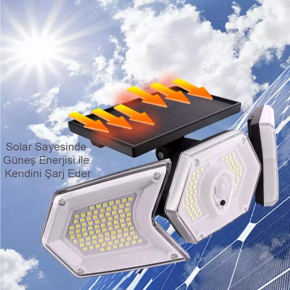  Solar Güneş Enerjili Geniş Açılı Çift Kanatlı 254 SMD Ledli 3 Modlu Beyaz İndüksiyon Lambası W774A