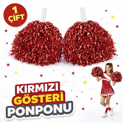1 Çift ( 2 Adet ) Kırmızı Renk 23 Nisan 19 Mayıs 29 Ekim Okul Gösteri Ponponları Ekstra Dolgun