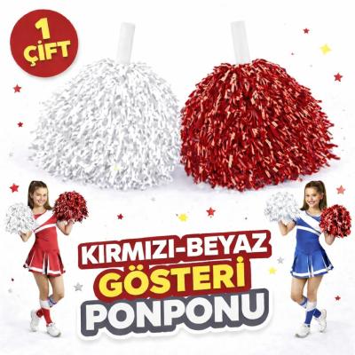 1 Çift ( 2 Adet ) Kırmızı-Beyaz Renk 23 Nisan 19 Mayıs 29 Ekim Okul Gösteri Ponponları Ekstra Dolgun