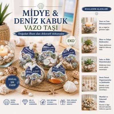 15 ADET FİLELİ RENKLİ MİX EKO MİDYE - DENİZ KABUK VAZO TAŞI