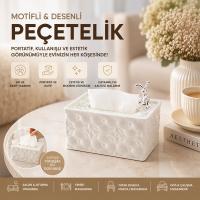 18.4X12.5X9CM BEYAZ YAYLI MASAÜSTÜ DEKORATİF DİKDÖRTGEN PEÇETELİK