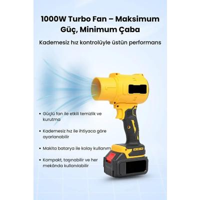 21V Kablosuz Hava Üfleyici | 32.000RPM Turbo Fan, 12.000mAh Batarya, Bahçe &amp; Araç Kurutma / Sarı