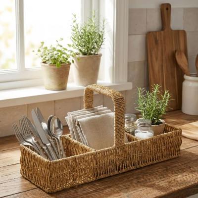 3 Bölmeli Plastik Rattan Düzenleyici–Saplı Masaüstü Organizer, Mutfak Kaşık Çatal Sepeti, Banyo &amp; Ofis Çok Amaçlı Sunum Standı