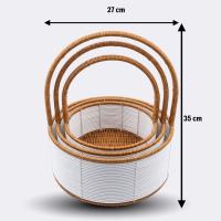 3 Boy İç İçe Geçebilen Plastik Rattan Sepetler–Beyaz Renkli,Kahverengi Saplı, Çok Amaçlı Düzenleyici ve Sunum Sepeti Seti
