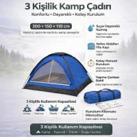 3 Kişilik Manuel Kamp Çadırı – Düz Kapılı Outdoor Aile, Doğa, Piknik ve Kamp Çadırı 200x150x110 cm