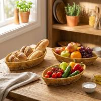 3’lü Kayık Formlu Plastik Rattan Sepet Seti–Hasır Görünümlü Ekmek, Meyve ve Sunum Sepetleri, Çok Amaçlı Masaüstü Organizer