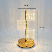3 Parça Silindirik Kristal Ekose Kareli LED Masa Lambası – Gold Gövdeli, Dokunmatik, 3 Kademe Işık Ayarlı Şarjlı Dekoratif Lamba