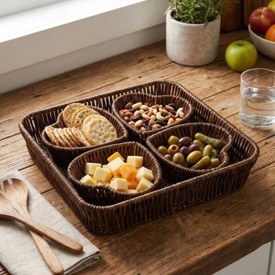 5 Parça,4 Kalp Formlu Plastik Rattan Sunum ve Kahvaltı Seti-Bölmeli Çerezlik ve Meyvelik-Doğal Hasır Görünümlü Tepsi ve Sunum Tabakları