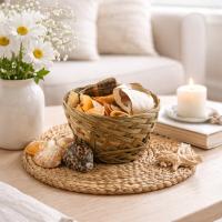 AHŞAP SEPET - FİLELİ RENKLİ MİX MİDYE - DENİZ KABUK VAZO TAŞI - KARIŞIK MODEL GÖNDERİLİR