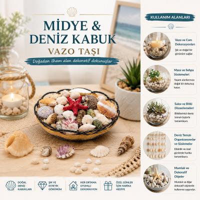 AHŞAP YUVARLAK SEPET - FİLELİ RENKLİ MİX MİDYE - DENİZ KABUK VAZO TAŞI