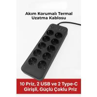 Akım Korumalı Termal Uzatma Kablosu – 10 Priz, 2 USB ve 2 Type-C Girişli, Güçlü Çoklu Priz