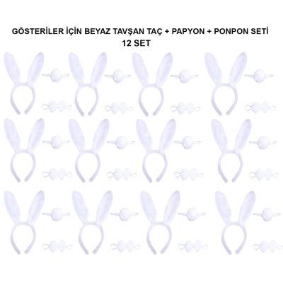 Beyaz Tavşan Kostüm Seti – Taç, Papyon, Kuyruk (12’li Paket)