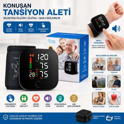 BİLEK ÖLÇÜM 7X8.3CM USB SARJLI - DİJİTAL KONUŞAN TANSİYON ALETİ BK-606