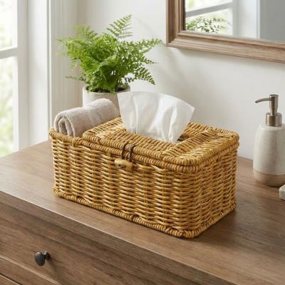 Bölmeli Kapaklı Doğal Rattan Görünümlü Hasır Makyaj, Takı ve Havlu Düzenleyici – Peçetelikli Çok Amaçlı Masaüstü Organizer Sepet