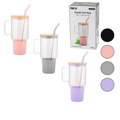 CAM 1000ML MATARA - SULUK BAMBU KAPAK - SIZDIRMAZ SİLİKONLU ÇELİK PİPET KORUYUCU SİLİKON ALTLIK - KILIF