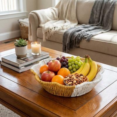 Çiçek Model Çift Renkli Plastik Rattan Ekmek ve Meyve Sepeti - Çok Amaçlı Banyo ve Mutfak Düzenleyici - Yıkanabilir Organizer