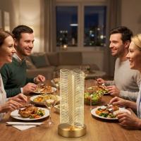 Dalgalı Silindirik Kristal Çizgili Model LED Masa Lambası – Gold Tabanlı, Dokunmatik, 3 Renk Işık Modlu, Şarjlı Modern Dekoratif Gece Lambası
