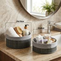 GRİ 2 BOY YUVARLAK BAMBU KENAR ORGANİZER SEPET AHŞAP ALTLIK - BEZLİ ÇAP=22X24CM