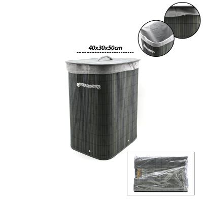 GRİ DİKDÖRTGEN 40X30CM - Y:60CM BAMBU AHŞAP KİRLİ ÇAMAŞIR SEPETİ SEYYAR KAPAKLI KUMAŞ ÇANTALI İP KULPLU