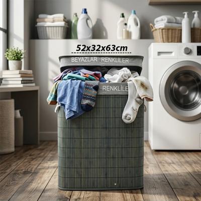 GRİ DİKDÖRTGEN 2 BÖLMELİ 52X32CM Y:63CM BAMBU AHŞAP KİRLİ ÇAMAŞIR SEPETİ KUMAŞ ÇANTALI İP KULP