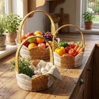 İç İçe Geçebilen 3’lü Çift Renkli Yuvarlak Dalgalı Formlu Saplı Plastik Rattan Sepet Seti – Hasır Görünümlü Çok Amaçlı Organizerler