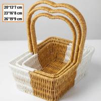 İç İçe Geçebilen 3’lü Çift Renkli Dikdörtgen Formlu Kalp Saplı Plastik Rattan Sepet Seti – Hasır Görünümlü Çok Amaçlı Organizerler