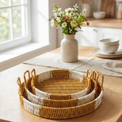 İç İçe Geçebilen 3’lü Yuvarlak Plastik Rattan Tepsi Seti–Çift Renkli Hasır Görünümlü Çok Amaçlı Servis ve Sunum Tepsileri