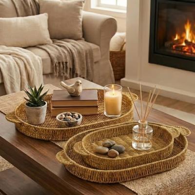 İç İçe Geçebilen 3’lü Oval Plastik Rattan Tepsi Seti–Hasır Görünümlü Çok Amaçlı Servis ve Sunum Tepsileri