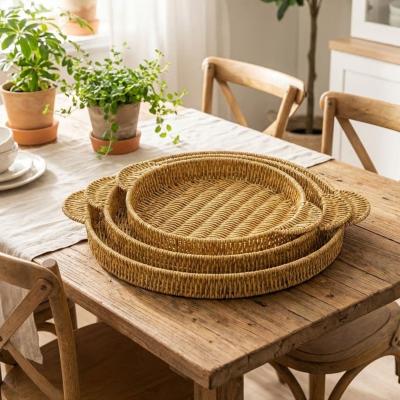 İç İçe Geçebilen 3’lü Yuvarlak Plastik Rattan Tepsi Seti–Hasır Görünümlü Çok Amaçlı Servis ve Sunum Tepsileri
