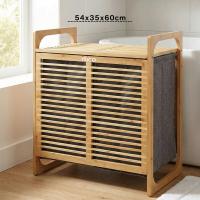 KALIN AHŞAP BAMBU 2 BÖLMELİ KİRLİ ÇAMAŞIR SEPETİ KUMAŞ ÇANTALI SEPET=54X35X60CM