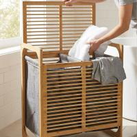 KALIN AHŞAP BAMBU 2 BÖLMELİ KİRLİ ÇAMAŞIR SEPETİ KUMAŞ ÇANTALI SEPET=54X35X60CM