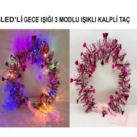 Kalp Püsküllü Gece Parıltısı 3 Modlu LED'li Işıklı Taç Fuşya Renk