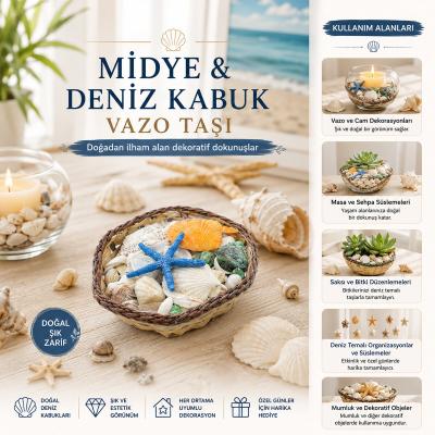 KÜÇÜK - KARE - AHŞAP SEPETLİ RENKLİ MİX MİDYE - DENİZ KABUK VAZO TAŞI