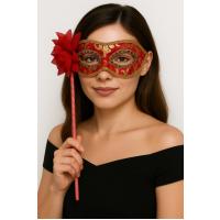 Lüks Taşlı Saplı Maskeli Balo Maskesi Kırmızı Renk 35 cm